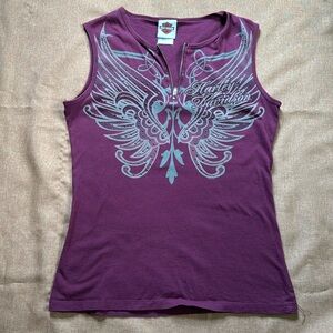 Embellished Harley Davidson Tank Top Sleeveless Zip Front Purple Maroon Size M